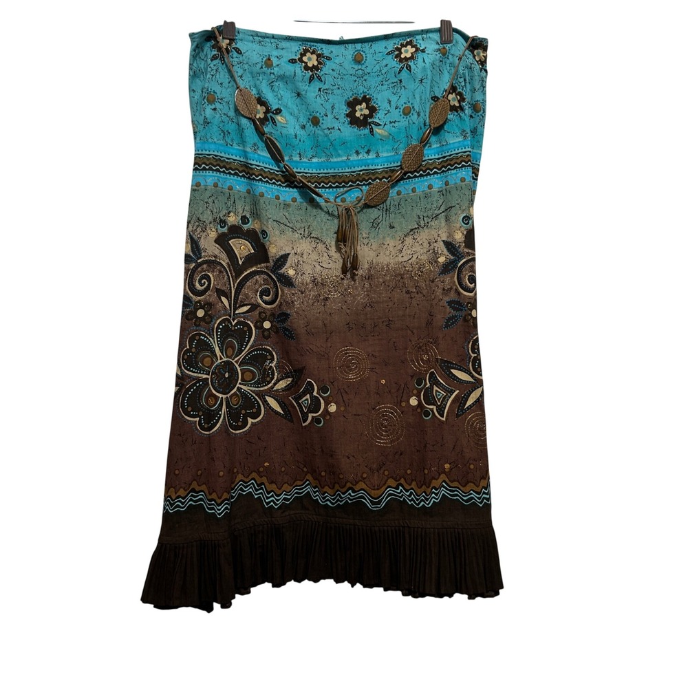 RQT Cottage Prairie Boho Floral Batik Midi Skirt 8 Mocha Turquoise Gold Metallic